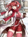  1girl absurdres bag belt brown_eyes coat coffee earmuffs fgsketch floating_hair high-waist_skirt highres holding open_clothes open_mouth outdoors pyra_(xenoblade) red_scarf red_thighhighs redhead scarf shoulder_bag skirt smile snowing solo swept_bangs teeth thigh-highs upper_teeth_only winter_clothes winter_coat xenoblade_chronicles_(series) xenoblade_chronicles_2 zettai_ryouiki 