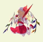  1girl absurdres apple ascot blonde_hair bow bright_pupils commentary crystal crystal_wings fang flandre_scarlet floating food frilled_shirt_collar frilled_skirt frilled_socks frills fruit full_body hat hat_bow highres holding holding_food holding_fruit holding_umbrella kxh5061 legs_up mob_cap one_side_up open_mouth pale_skin puffy_short_sleeves puffy_sleeves red_apple red_bow red_eyes red_footwear red_skirt red_umbrella red_vest shirt short_hair short_sleeves simple_background skirt socks touhou umbrella vest white_headwear white_pupils white_shirt white_socks wings yellow_ascot yellow_background 