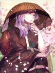  1other ajirogasa androgynous bad_id bad_pixiv_id brown_kimono cherry_blossoms commentary falling_petals hand_on_own_elbow hat highres holding_own_hair japanese_clothes kimono len&#039;en long_hair long_sleeves looking_at_viewer ofuda ofuda_on_clothes outdoors petals plant potted_plant purple_hair sash shirami_souko signature strap tree upper_body vase veil violet_eyes white_sash wide_sleeves yukkyon_kyon 