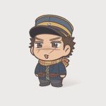  1boy :d chibi golden_kamuy hat highres imperial_japanese_army kepi looking_ahead male_focus military_hat scar scar_on_cheek scar_on_face scar_on_mouth scar_on_nose scarf short_hair sideburns smile solo standing sugimoto_saichi tonta_(tonta1231) two-tone_headwear v-shaped_eyebrows yellow_headwear yellow_scarf 