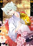  1boy animal_ears blue_kimono branch commentary_request egasumi fang fingernails floral_print fox_ears hair_between_eyes hand_fan haori holding holding_fan japanese_clothes kamisama_hajimemashita kimono long_sleeves looking_at_viewer male_focus open_mouth print_kimono satou_iruno sharp_fingernails short_hair slit_pupils solo tomoe_(kamisama_hajimemashita) upper_body white_hair wide_sleeves 