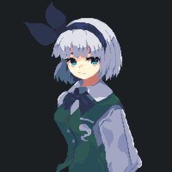  4qw5 black_background black_bow black_bowtie black_ribbon blue_eyes blunt_bangs bow bowtie buttons closed_mouth collared_shirt green_vest hair_ornament hair_ribbon konpaku_youmu looking_at_viewer pixel_art ribbon shirt simple_background touhou vest white_hair white_shirt 