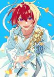  1boy absurdres blue_background blush buttons commentary earrings ensemble_stars! flower gold_necklace heidbd highres jewelry lapels long_sleeves lower_teeth_only male_focus necklace notched_lapels open_mouth redhead short_hair single_earring solo suou_tsukasa teeth violet_eyes 