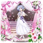 1girl absurdres alternate_costume bell blue_eyes blue_hair commentary curtains dress english_commentary flower flute full_body high_heels highres holding holding_instrument instrument jewelry light_blue_hair looking_at_viewer merlin_prismriver merlin_prismriver_(white_flutist) necklace open_mouth petals rotte_(1109) second-party_source short_hair solo touhou touhou_lost_word white_dress white_flower white_footwear 