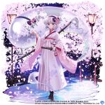  1girl alternate_costume aqua_eyes black_hairband blunt_bangs cherry_blossoms copyright_name flower full_body ghost grey_hair hairband hakama hakama_skirt japanese_clothes katana kimono konpaku_youmu konpaku_youmu_(ghost) konpaku_youmu_(white_gardener_of_the_netherworld_tower) lamp lamppost looking_at_viewer multiple_swords outdoors pink_flower puddle rotte_(1109) short_hair skirt solo standing sword sword_behind_back third-party_source touhou touhou_lost_word v-shaped_eyebrows weapon white_kimono 