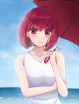  1girl arima_kana artist_name blue_sky bob_cut closed_mouth commentary day dress english_commentary gaerp4 highres holding holding_umbrella inverted_bob light_smile looking_at_viewer ocean oshi_no_ko outdoors red_eyes red_umbrella redhead short_hair sky solo straight-on umbrella white_dress 