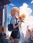  1girl aroa_(aroamoyasi) bag black_skirt blue_sky bow bowtie brown_eyes closed_mouth clouds commentary_request day flower hair_between_eyes highres holding holding_flower looking_at_viewer orange_hair original outdoors red_bow red_bowtie school_uniform shirt short_hair skirt sky summer sunflower white_shirt 