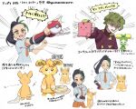  1boy 1girl :d black_hair brassius_(pokemon) clenched_hand commentary_request cup dolliv emphasis_lines gloves green_hair highres holding holding_cup holding_poke_ball jacket long_hair multicolored_hair necktie nemona_(pokemon) open_mouth orange_necktie pawmot poke_ball poke_ball_(basic) pokemon pokemon_(anime) pokemon_horizons ponytail school_uniform shirt short_hair short_sleeves single_glove smile sparkle themed_object two-tone_hair watermark yume_harukasumi 
