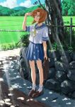  1girl blue_eyes brown_hair grass hair_between_eyes highres higurashi_no_naku_koro_ni mac_naut necktie plaid plaid_skirt rural ryuuguu_rena sailor_collar scenery school_uniform serafuku short_hair skirt socks solo standing summer torii tree uniform 