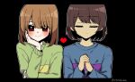  0725akaba 2others black_background blue_shirt blush brown_hair chara_(undertale) closed_eyes closed_mouth facing_viewer frisk_(undertale) green_shirt hair_between_eyes hand_up heart highres letterboxed long_sleeves looking_at_viewer multiple_others own_hands_together pixelated red_eyes shirt simple_background sleeves_past_wrists smile twitter_username undertale 