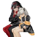  2girls asymmetrical_legwear bandaid bandaid_on_face bandaid_on_nose bare_legs black_hair black_horns black_jacket black_pantyhose black_shirt crossed_arms english_commentary fake_horns fingernails gloves grey_hair hair_between_eyes hand_on_own_face highres horns jacket karenina:_blast_(punishing:_gray_raven) karenina_(punishing:_gray_raven) long_hair long_sleeves lucia:_lotus_(punishing:_gray_raven) lucia_(punishing:_gray_raven) multicolored_hair multiple_girls orange_eyes orange_jacket pantyhose parted_lips punishing:_gray_raven red_eyes red_gloves red_horns red_scarf red_thighhighs redhead scarf shirt short_hair_with_long_locks sidelocks single_leg_pantyhose single_thighhigh sitting streaked_hair thigh-highs white_background yongsadragon 