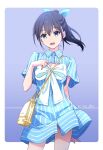  1girl artist_name black_hair blue_background blue_dress blue_eyes border commentary_request dated dress hair_ornament highres legs looking_at_viewer nii_manabu original ponytail short_sleeves smile solo white_border 
