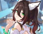  1girl :3 animal_ears back_cutout bracelet brown_hair clothing_cutout detached_sleeves finger_to_own_chin fox_ears fox_girl green_eyes hair_between_eyes head_tilt highres honkai:_star_rail honkai_(series) jade_(gemstone) jewelry long_hair ponytail smile solo ta_nuki tingyun_(honkai:_star_rail) 