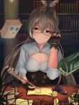  1girl adjusting_hair bag black-framed_eyewear black_gloves bookshelf breasts brown_corset brown_hair cleavage_cutout closed_mouth clothing_cutout commentary corset desk feather_hair_ornament feathers friend_(nanashi_mumei) glasses gloves hair_ornament highres holding holding_quill hololive hololive_english indoors ink_bottle lamp long_hair medium_breasts nanashi_mumei paper paper_bag partially_fingerless_gloves phos_(s_phos) quill semi-rimless_eyewear shirt sitting smile symbol-only_commentary twitter_username virtual_youtuber white_shirt writing yellow_eyes 