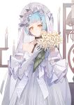  1girl absurdres ahoge bare_shoulders black_choker blue_hair bouquet candle choker closed_mouth collarbone commentary cowboy_shot dress elbow_gloves flower girls_frontline gloves hair_flower hair_ornament highres holding holding_bouquet looking_at_viewer luozhou_pile rose short_hair smile solo standing strapless strapless_dress veil wedding_dress white_dress white_flower white_gloves white_rose yellow_eyes zas_m21_(girls&#039;_frontline) 
