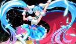  1girl ;) absurdres ahoge arm_up blue_cape blue_dress blue_eyes blue_hair brooch cape commentary_request cure_sky cut_bangs detached_sleeves dress earrings fingerless_gloves frilled_dress frills gloves gradient_hair highres hirogaru_sky!_precure hiroshi_(hunter-of-kct) holding jewelry jumping leg_up light_particles long_hair looking_at_viewer magical_girl medium_dress multicolored_hair one_eye_closed partial_commentary pink_hair precure puffy_detached_sleeves puffy_sleeves red_cape sky_mirage sleeveless sleeveless_dress smile solo sora_harewataru streaked_hair thigh-highs twintails two-sided_cape two-sided_fabric very_long_hair white_gloves white_thighhighs wing_hair_ornament 