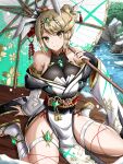  1girl absurdres alternate_hairstyle animal_ears bare_shoulders blonde_hair blush breasts collarbone dress fake_animal_ears fgsketch hair_ornament highres holding holding_umbrella japanese_clothes looking_at_viewer mythra_(xenoblade) oil-paper_umbrella outdoors pelvic_curtain smile solo thigh_strap thighs tiara umbrella white_dress wide_sleeves xenoblade_chronicles_(series) xenoblade_chronicles_2 yellow_eyes 