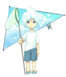  ambiguous_gender blue_eyes blue_shorts blue_sky bug butterfly butterfly_net cloud_hair clouds cumulonimbus_cloud flip-flops hand_net hand_up holding holding_butterfly_net kumomachi looking_at_viewer original sandals shirt short_sleeves shorts sky solo white_shirt 