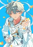  1boy absurdres blue_background blue_eyes buttons commentary earrings ensemble_stars! fingernails gold_necklace grey_hair hand_up heidbd highres jewelry lapels long_sleeves looking_at_viewer male_focus necklace notched_lapels one_eye_closed sena_izumi_(ensemble_stars!) short_hair single_earring solo 