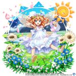  1girl :d alternate_costume basket blue_eyes blue_flower blue_sky clouds copyright_name dress fangs flower full_body game_cg grass headdress holding holding_basket looking_at_viewer mountain open_mouth orange_hair outdoors outstretched_arms rotte_(1109) short_hair sky smile solo sun sunflower sunny_milk sunny_milk_(white_sun_fairy) third-party_source touhou touhou_lost_word two_side_up white_dress white_flower wings 