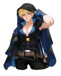  1boy blonde_hair blue_eyes blue_gloves ebi_pri_shrimp gloves guilty_gear guilty_gear_strive hair_between_eyes hood hood_up jacket jacket_on_shoulders ky_kiske long_sleeves looking_at_viewer male_focus partially_fingerless_gloves pectoral_cleavage pectorals short_hair simple_background thunderseal 