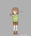  ... 0725akaba 1other :&gt; bandaged_leg bandages blush_stickers boots brown_footwear brown_hair brown_shorts chara_(undertale) closed_mouth colored_shadow full_body green_shirt grey_background hand_up highres holding holding_stick long_sleeves other_focus puffy_long_sleeves puffy_sleeves shadow shirt shorts simple_background solo spoken_ellipsis standing stick twitter_username undertale |_| 