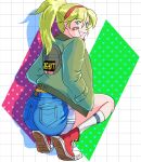  1girl bandaid bandaid_on_cheek bandaid_on_face battle_mania bb9_megadrive blonde_hair blue_eyes blue_shorts commentary_request denim denim_shorts eyes_visible_through_hair from_side full_body green_jacket grin hairband hands_in_pockets highres jacket kneehighs looking_at_viewer ootorii_mania ponytail red_hairband shoes short_shorts shorts smile sneakers socks solo squatting 