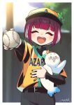  1girl ball baseball belt black_belt black_nails black_pants blunt_bangs blush closed_eyes highres holding holding_ball nagisa_arcinia nijisanji nijisanji_id open_mouth pants pogatyb purple_hair short_hair smile solo stuffed_seal virtual_youtuber 