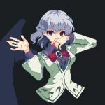  1girl 4qw5 black_background bow bowtie collared_shirt gem green_gemstone grey_hair hair_between_eyes hand_on_own_face jacket jewelry kishin_sagume long_sleeves looking_at_viewer medium_hair pixel_art purple_shirt red_bow red_bowtie red_eyes shirt simple_background single_wing sleeves_past_wrists touhou white_jacket wings 