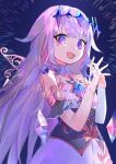  1girl :d absurdres crystal dress grey_hair highres hololive hololive_english jewelry koseki_bijou kouhiipan long_hair looking_at_viewer open_mouth own_hands_clasped own_hands_together simple_background smile solo violet_eyes virtual_youtuber white_dress wings 