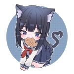  1girl animal_ear_fluff animal_ears arm_support black_hair blue_background blue_sailor_collar blue_skirt blush cat_ears cat_girl cat_tail chibi food furrowed_brow halftone heart heart_tail highres idoly_pride kemonomimi_mode kneeling leaning_forward legs_together long_bangs long_hair long_sleeves looking_at_viewer mouth_hold nagase_kotono neckerchief own_hands_together pleated_skirt red_neckerchief sailor_collar school_uniform serafuku shirt sidelocks simple_background skirt solo straight_hair tail taiyaki two-tone_background violet_eyes wagashi white_background white_shirt xx_ly_xo 