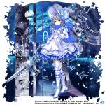  1girl alternate_costume blue_bow blue_scarf boots bow braid copyright_name dress full_body game_cg grey_hair hat hat_bow holding holding_sword holding_weapon izayoi_sakuya izayoi_sakuya_(devilish_white_flower_knight) looking_at_viewer medium_hair roman_numeral rotte_(1109) scarf solo sword thigh_boots third-party_source touhou touhou_lost_word twin_braids weapon white_dress white_footwear white_headwear 