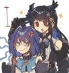  2girls anger_vein b_cat610 black_gloves black_hair blue_eyes blue_hair blue_ribbon demon_horns false_smile gloves hair_intakes height_conscious height_difference hololive hololive_english horns long_hair medium_hair multiple_girls nerissa_ravencroft ouro_kronii red_eyes ribbon smile sweat virtual_youtuber 