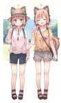  2girls absurdres backpack bag blue_archive blush closed_eyes closed_mouth collarbone commentary_request day green_eyes halo handbag hat highres jewelry kamotsu_yasai looking_at_viewer medium_hair midori_(blue_archive) momoi_(blue_archive) multiple_girls necklace open_mouth outdoors sandals shirt shirt_tucked_in shorts smile sweat t-shirt 