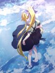  1girl air_(visual_novel) akayama_yukihe blonde_hair blue_sky clouds day from_behind hair_ribbon highres kamio_misuzu long_hair looking_down ponytail puffy_sleeves reflection ribbon school_uniform shirt short_sleeves sky solo very_long_hair wading water waves white_shirt 