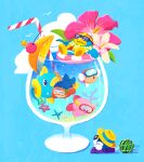  :o :t bandana bandana_waddle_dee blipper blue_background blue_bandana blush blush_stickers brown_headwear cherry closed_eyes closed_mouth clouds commentary_request coral cup diving_mask drinking_glass drinking_straw fish flower flower_necklace food fruit gloves goggles hat innertube kine_(kirby) king_dedede kirby kirby_(series) lei looking_up mask meta_knight midooka_(o_k_k) open_mouth orange_(fruit) orange_slice pink_flower shutter_shades simple_background smile star_(symbol) starfish straw_hat submerged sunglasses swimming water watermelon white_gloves yellow_flower 