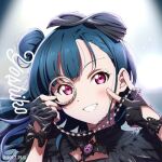  1girl artist_request black_gloves blue_hair blush character_name commentary_request dot_nose fingerless_gloves gloves hair_bun hair_ornament hands_up long_hair looking_at_viewer love_live! love_live!_sunshine!! lowres monocle_hair_ornament official_art smile solo teeth tsushima_yoshiko v violet_eyes 