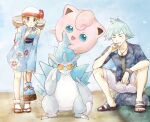  1boy 1girl alolan_sandslash asuka_rkgk blue_kimono blush bracelet brown_eyes brown_hair claws closed_eyes collared_shirt commentary_request day detached_sleeves grass hand_up hat highres holding japanese_clothes jewelry jigglypuff kimono long_hair lyra_(pokemon) lyra_(summer_2020)_(pokemon) necklace official_alternate_costume open_mouth outdoors parted_lips pokemon pokemon_(creature) pokemon_(game) pokemon_masters_ex pouch ring rock sandals shirt short_hair shorts sitting smile socks spiky_hair steven_stone steven_stone_(summer_2020) sunglasses toes twintails undershirt white_headwear white_socks yukata 