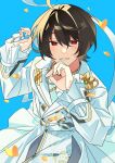  1boy absurdres black_hair blue_background blush buttons commentary dot_nose ensemble_stars! fingernails flower gold_necklace heidbd highres jewelry lapels long_sleeves looking_at_viewer male_focus necklace notched_lapels red_eyes sakuma_ritsu short_hair solo 