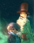  2boys black_eyes blue_coat blue_eyes blue_scarf brad_(16325) brown_gloves brown_hair brown_headwear buttons coat earmuffs gloves hat hershel_layton luke_triton male_child multiple_boys open_mouth professor_layton scarf snowing top_hat white_coat winter winter_clothes 