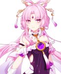  1girl bare_shoulders bow-shaped_hair breasts closed_mouth detached_sleeves dress forehead_jewel fu_xuan_(honkai:_star_rail) hair_ornament highres honkai:_star_rail honkai_(series) jewelry long_hair looking_at_viewer parted_bangs pink_eyes pink_hair pochimaru_(marumaru_wanwan) simple_background small_breasts smile solo tassel twintails upper_body very_long_hair white_background 
