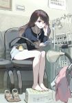  1girl adjusting_earphones bare_legs barefoot black_eyes black_hair black_shirt cellphone commentary_request earphones full_body grey_shorts highres holding holding_phone indoors leaning_forward long_hair long_sleeves office_lady_taiwan on_chair open_mouth original phone shirt shorts sitting slippers smartphone solo taiwan tennohi 