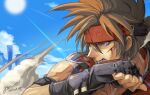  1boy black_gloves blue_sky brown_hair fingerless_gloves forehead_protector gloves guilty_gear guilty_gear_xrd headband long_hair male_focus muscular muscular_male outdoors pectorals red_eyes sky sol_badguy spiky_hair sun yora 