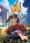  1girl animal_ears barefoot blonde_hair blue_sky blush bouquet bright_pupils building clouds day dress feet flower fox_ears fox_tail full_body grass highres holding holding_bouquet holding_flower horns komota_(kanyou_shoujo) long_sleeves looking_at_viewer nature original outdoors red_eyes shoes shoes_removed short_hair sitting sky smile solo tail toes tree white_pupils 