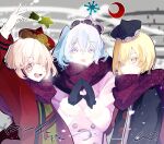  3girls ;d black_coat black_mittens blonde_hair blue_hair breath buttons coat crescent crescent_hat_ornament double-breasted hat hat_ornament highres ice_snow light_blue_hair looking_at_viewer lunasa_prismriver lyrica_prismriver merlin_prismriver multiple_girls one_eye_closed one_side_up pink_coat purple_scarf qing_guanmao scarf siblings sisters smile snowflake_hat_ornament star_(symbol) star_hat_ornament touhou 