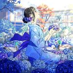  1girl architecture bird blue_flower blue_kimono blush bow brown_eyes brown_hair duck east_asian_architecture flower from_side hair_behind_ear hair_bow hair_bun highres holding holding_flower huge_bow japanese_clothes kariya_(kry_aia) kimono mallard original parted_lips pond purple_bow purple_flower seiza single_hair_bun sitting smile solo sunlight tree water 