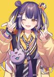  1girl ;d age_switch aged_down aged_up black_hair bracelet double_bun gradient_hair grey_hair hair_bun hair_ornament hairclip highres jacket jewelry long_hair lq_saku multicolored_hair necktie nijisanji one_eye_closed open_clothes open_jacket purple_bag purple_nails simple_background smile solo ufo_hair_ornament umise_yotsuha umise_yotsuha_(1st_costume) virtual_youtuber yellow_background yellow_eyes yellow_jacket yellow_nails 