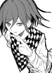  1boy absurdres checkered_clothes checkered_scarf danganronpa_(series) danganronpa_v3:_killing_harmony flipped_hair hand_up highres jacket long_sleeves looking_at_viewer male_focus medium_hair oma_kokichi scarf smile solo wa_noko white_background 