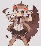  1girl baweng_satanic_leaf_gecko_(kemono_friends) black_skirt blush brown_jacket brown_necktie brown_thighhighs cowboy_shot gloves gradient_necktie grey_hair hair_between_eyes highres hood hood_up jacket kemono_friends leaf_necklace lizard_tail looking_at_viewer necktie open_clothes open_jacket orange_eyes pleated_skirt purple_necktie reptile_girl shirt short_hair sidelocks skirt smile solo sorairo_meronpan tail thigh-highs two-tone_necktie white_gloves white_shirt 