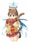  1girl aioi_yuuko animal_ear_fluff animal_ears arawi_keiichi_(style) bell blush breath breathing brown_eyes brown_hair cat_ears cat_girl cat_tail cold doughnut food halo highres jacket jingle_bell long_sleeves midair nichijou nishimura_(prism_engine) open_mouth red_mittens scarf shoes simple_background skirt socks solo tail tail_bell tail_ornament white_background white_socks wings 
